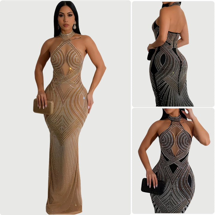 Women's evening gown with sparkling sequin design and form-fitting silhouette