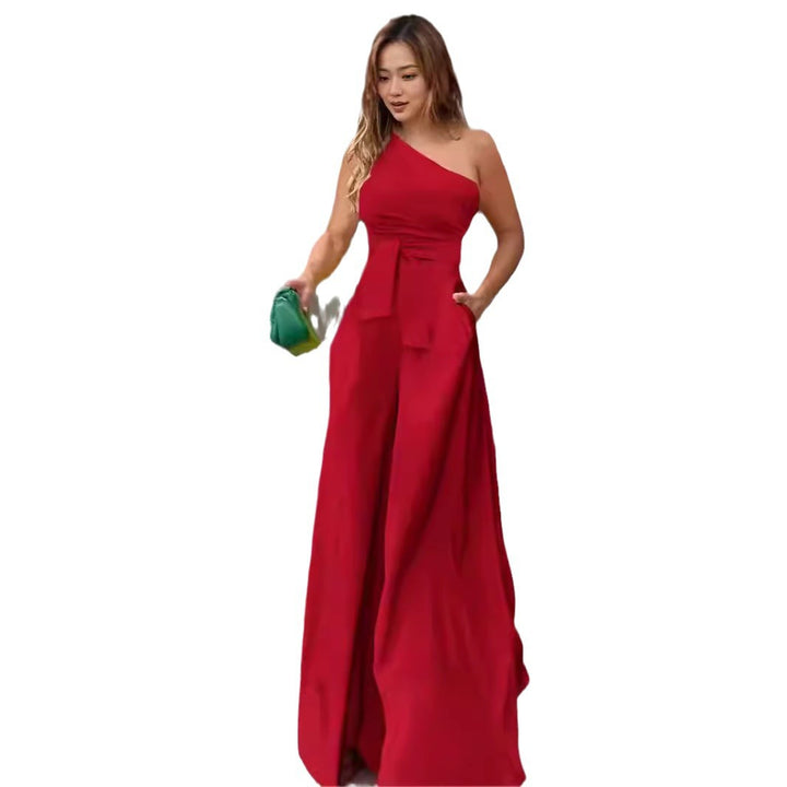 Dame Elegant En-skulder Jumpsuit med Belte og Bred Bein Skjora