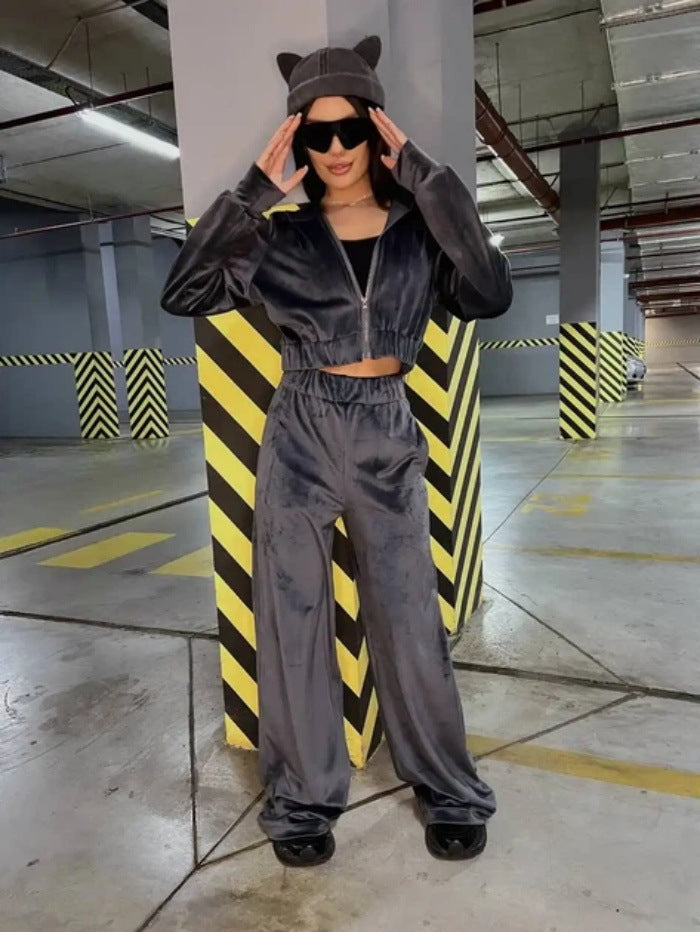 Kvinners sporty velour loungewear-set med hette og elastisk midjebånd Skjora