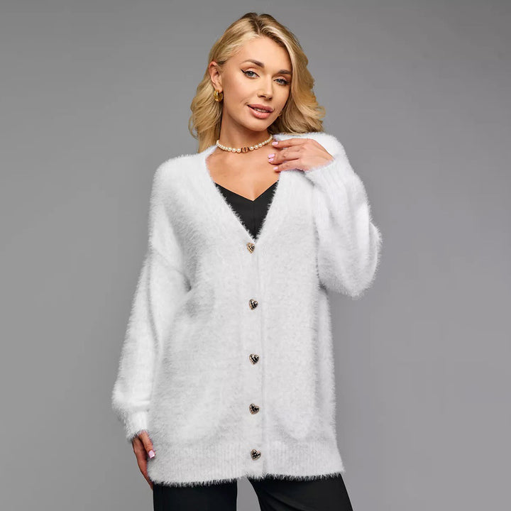 Dames Oversized Cardigan med Hjerteknapper og Mykt Materiale Skjora