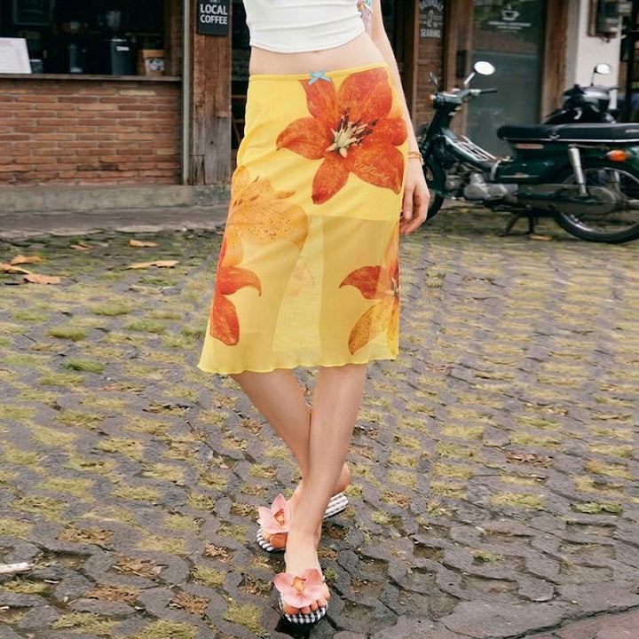 Dame midi skjørt med blomstrete chiffon og elastisk liv Skjora