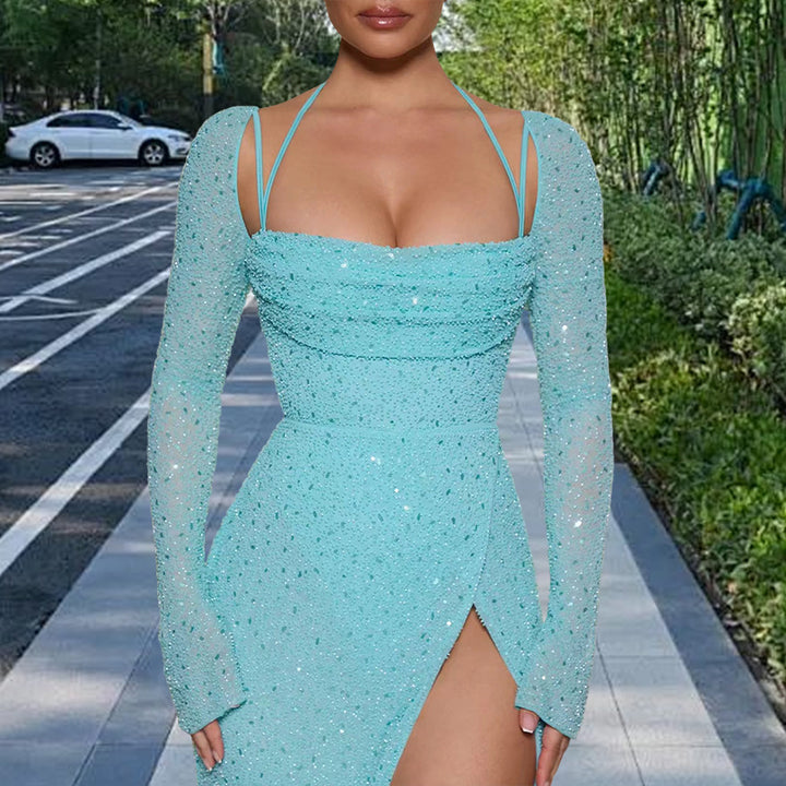 Damer Glamorous Maxi Kjole med Glitrende Detaljer og Sideslitt Skjora
