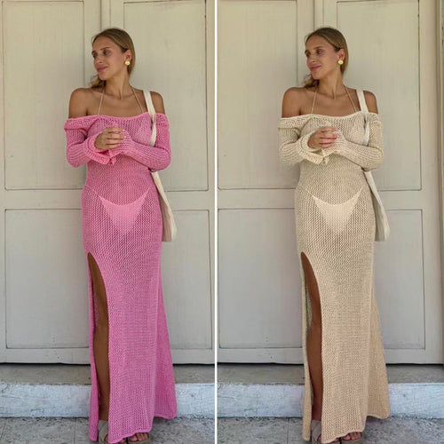 Damen Häkel-Maxikleid mit offener Schulterpartie und seitlichem Schlitz Skjora