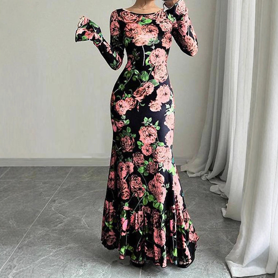 Kvinnene Elegant Maxi Kjole med Blomster Rysjedetaljer og Lange Ermer Skjora