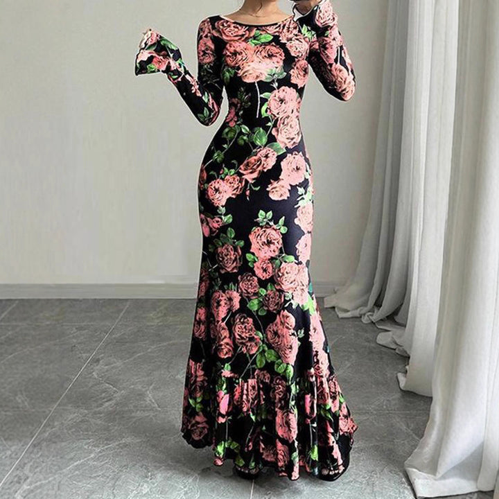Kvinnene Elegant Maxi Kjole med Blomster Rysjedetaljer og Lange Ermer Skjora