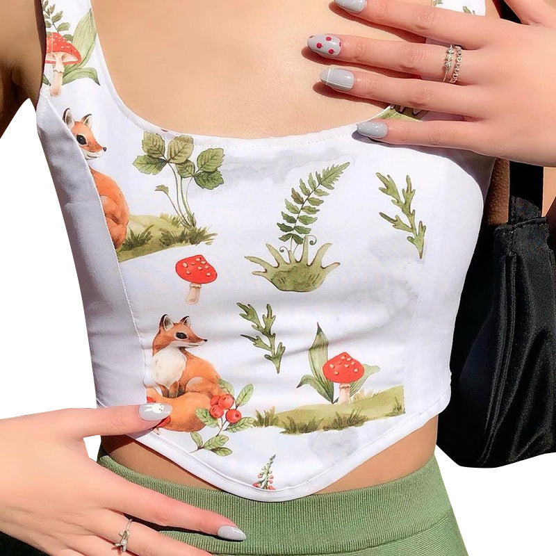 Damer Crop Top med kunstnerisk flora-design og justerbare stropper Skjora