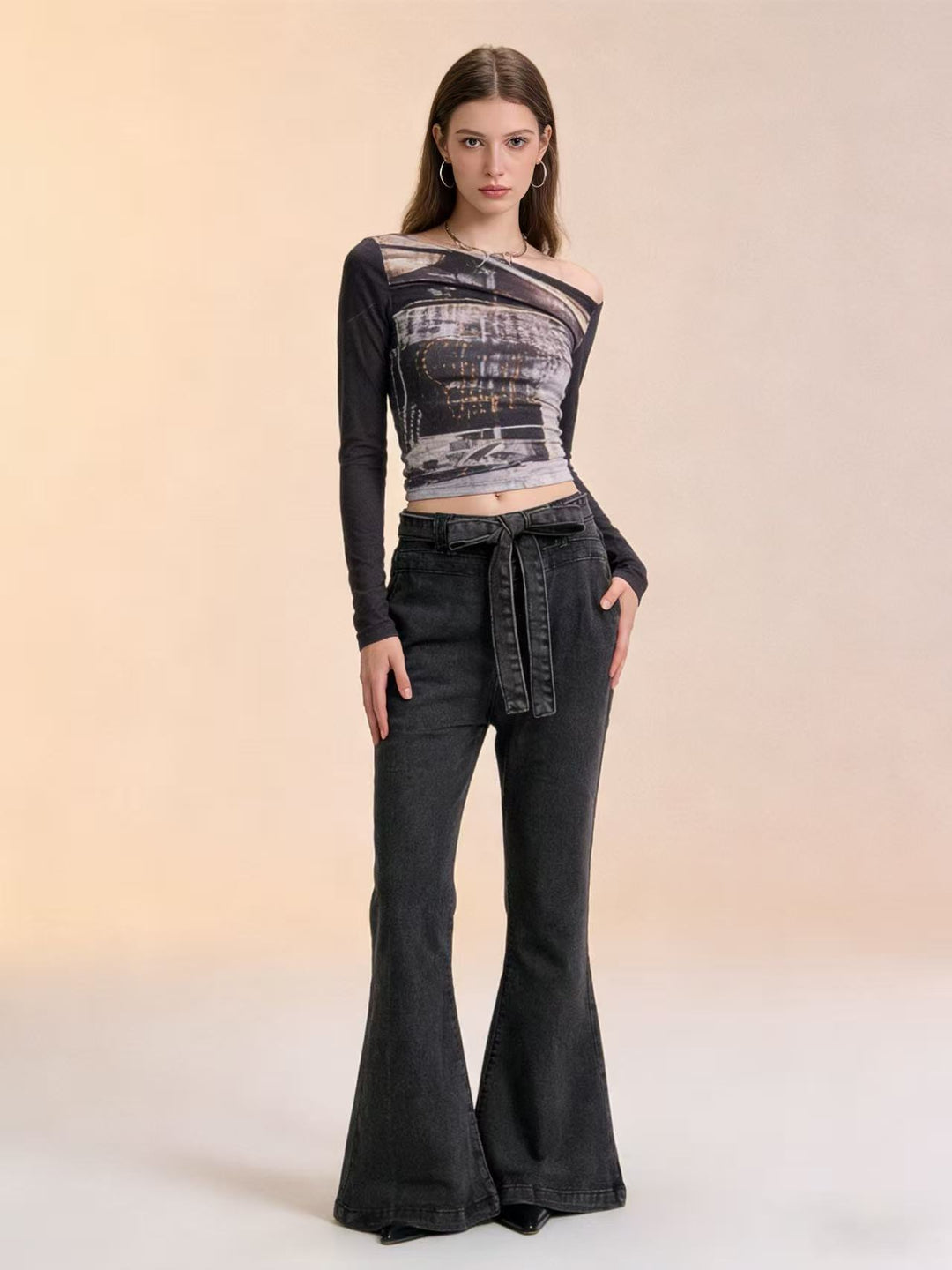 Dame Flared Jeans med belte og høy midje Skjora