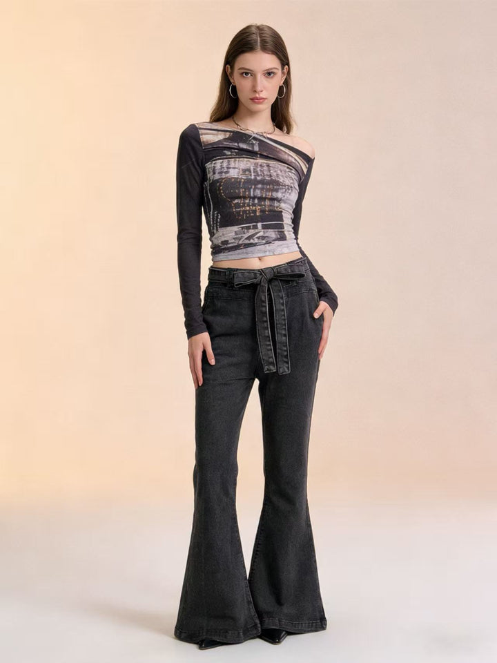 Dame Flared Jeans med belte og høy midje Skjora