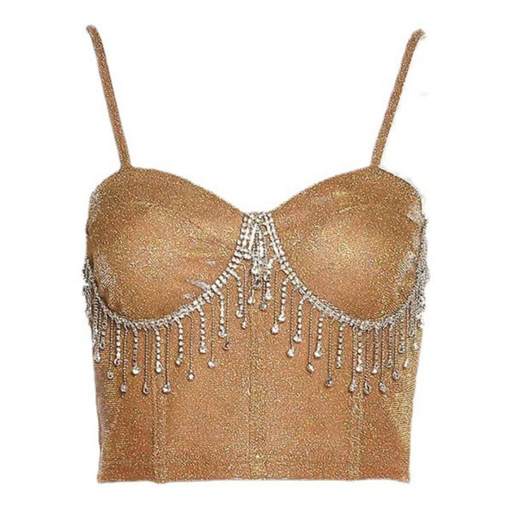 Dames Glitterende Bustier med Funklende Rhinestones Detaljer og Spaghetti Stropper
