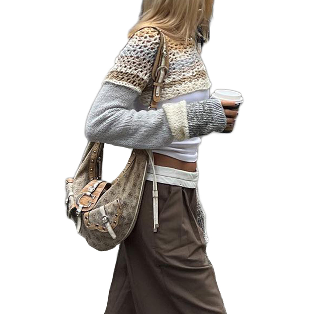 Damer heklede crop-top med lange ermer og fargerike striper Skjora