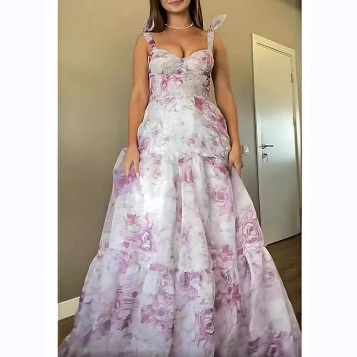 Damer Elegant Maxi Kjole med Blomsterdetaljer og Rynkede Stropper Skjora