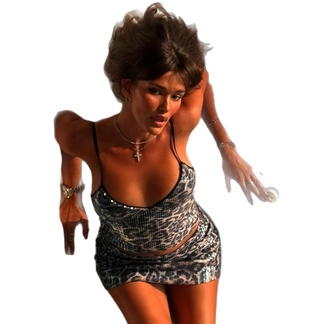 Dame Crop-Top og Mini skjørt sett med leopardmønster og glitrende detaljer Skjora