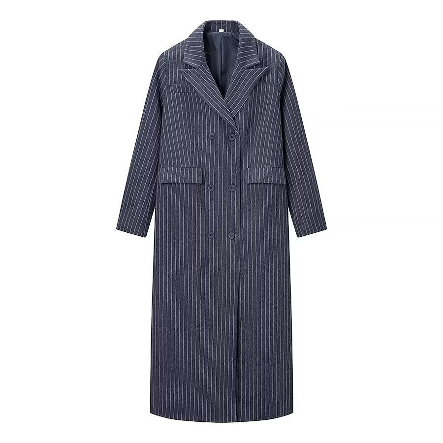 Dame Elegant Stripete Trench Coat med Dobbel Knepp og Praktiske Lommer Skjora