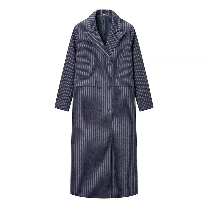 Dame Elegant Stripete Trench Coat med Dobbel Knepp og Praktiske Lommer Skjora