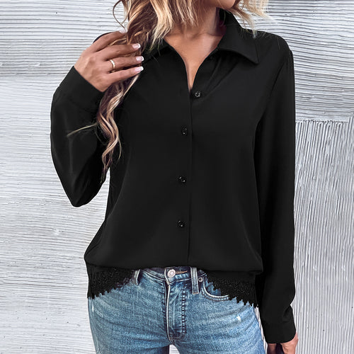 Damer elegant bluse med blonder og knappestolpe Skjora