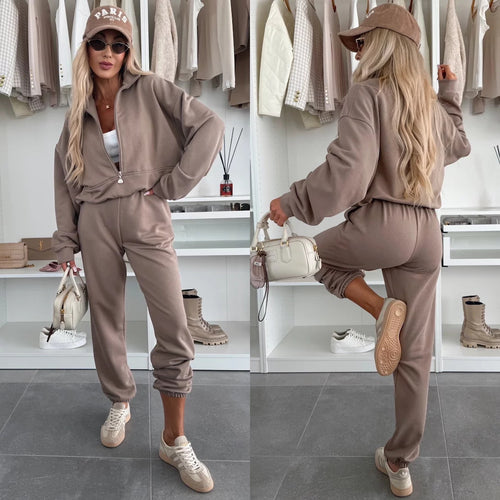 Kvinnes trendy sweatsuite med halv glidelås og elastisk midjebånd Skjora