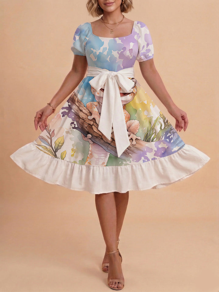 Damen Sommerliches Blumenkleid mit taillierbarem Gürtel und voluminösen Ärmeln Skjora