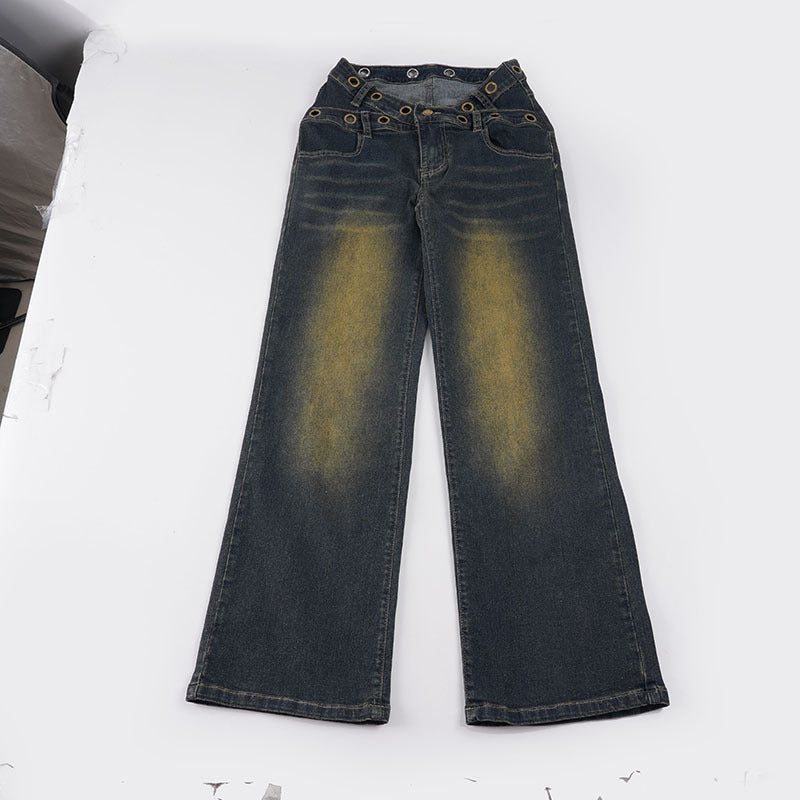 Damejeans med romslig snitt og elegante beltehemper Skjora