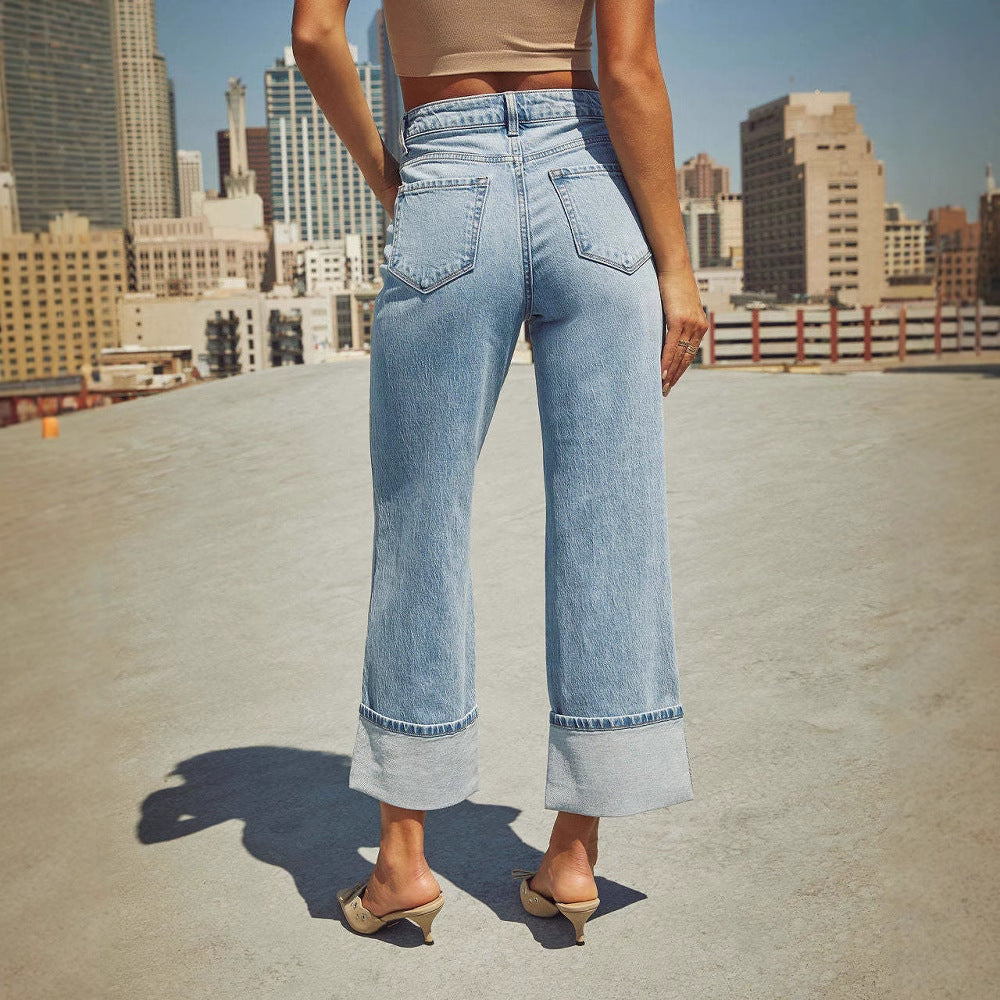 Dames brede jeans med oppbrettkant Skjora