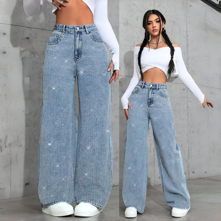 Dame Elegant High-Waist Jeans i vid passform med glitrende detalj Skjora