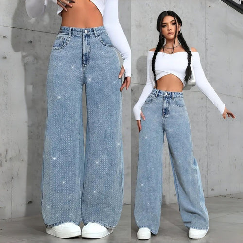 Dame Elegant High-Waist Jeans i vid passform med glitrende detalj Skjora