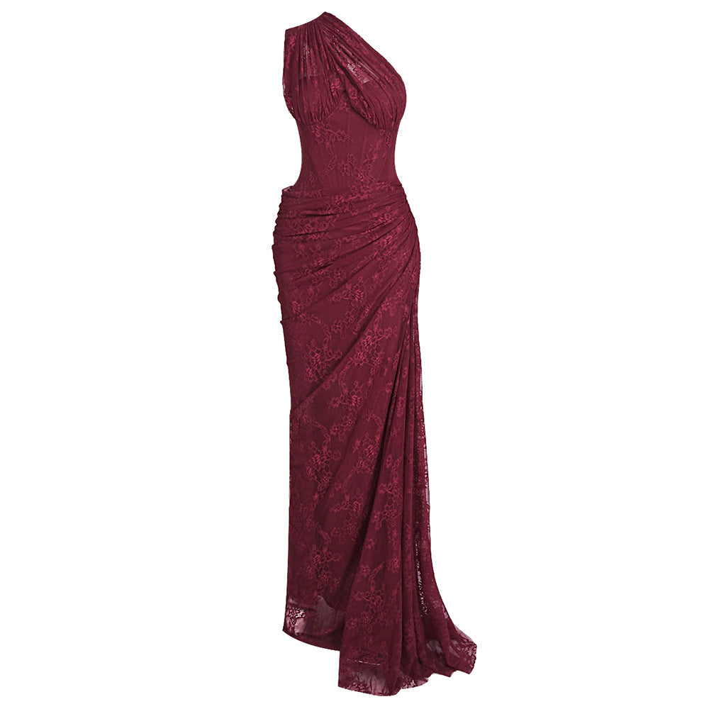 Damer elegant aften kjole med asymmetrisk en-skulder-design og blomstrete spissdetaljer Skjora