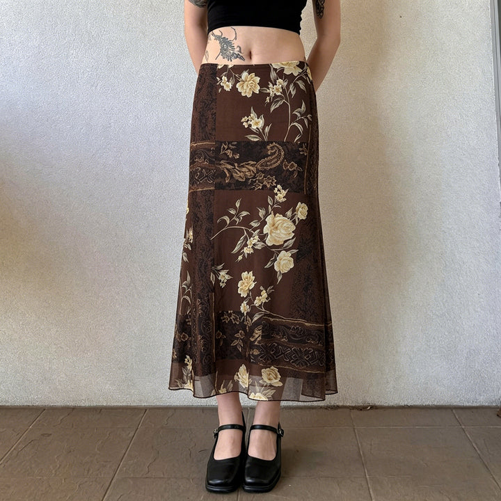 Damed Maxi-nederdel med blomsterdesign og gennemsigtig chiffon-overlejring Skjora