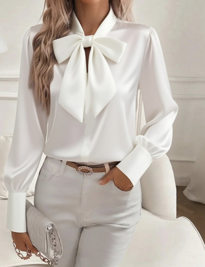 Dame elegant satengbluse med sløytekrage og pufferm Skjora