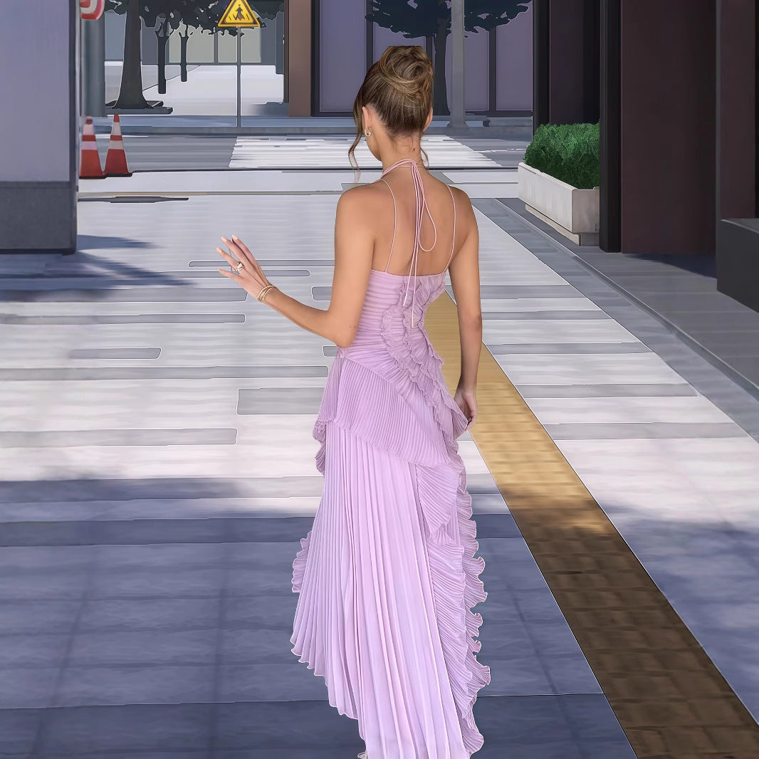 Women's Elegant Wrapped Dress with Flowing Pleated Skirt and Asymmetrical Ruffle Details
