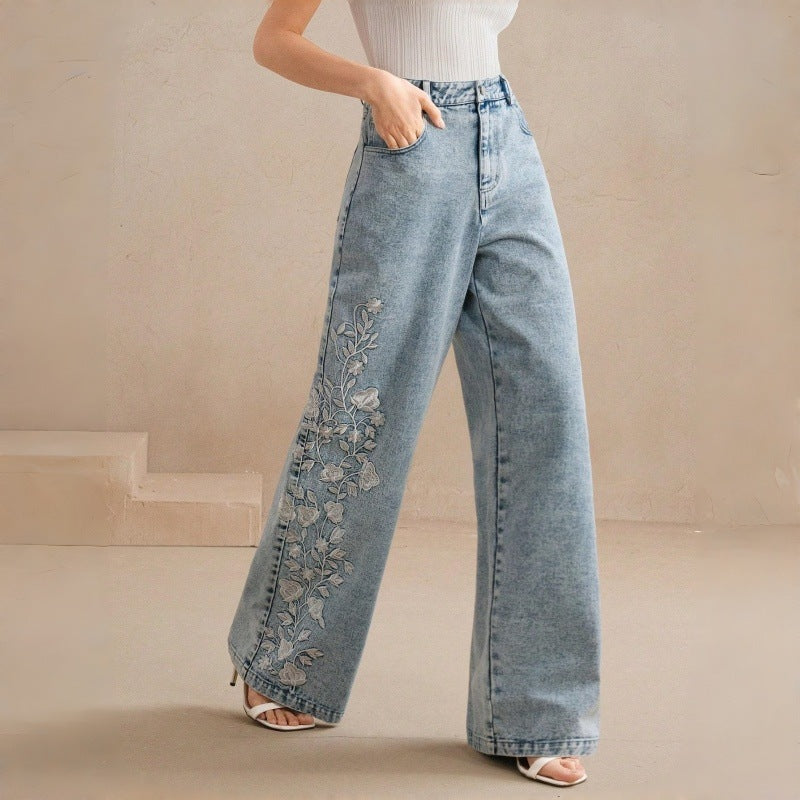 Dame Loose-Fit Jeans med blomsterbroderi Skjora
