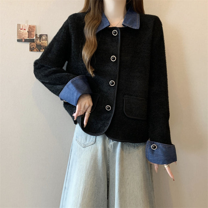 Dame koselig cardigan med kontrasterende denimærmer Skjora