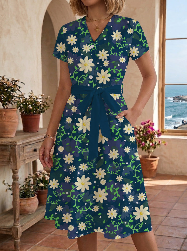 Damen Midikleid mit floralem Muster und Taillengürtel Skjora