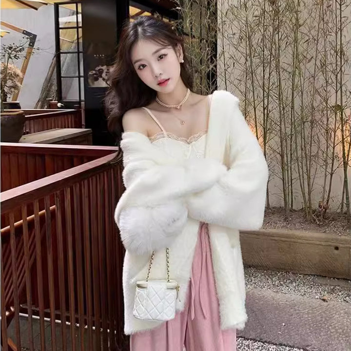 Kvinnes Fluffy Strikket Cardigan med Casual Lommer og Åpen Kutte Skjora