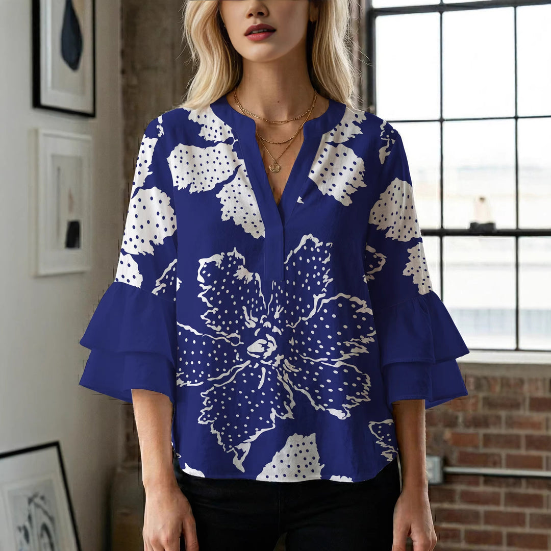 Damer elegant bluse skjorte med voluminøse rysjermer og grafisk blomsterdesign Skjora