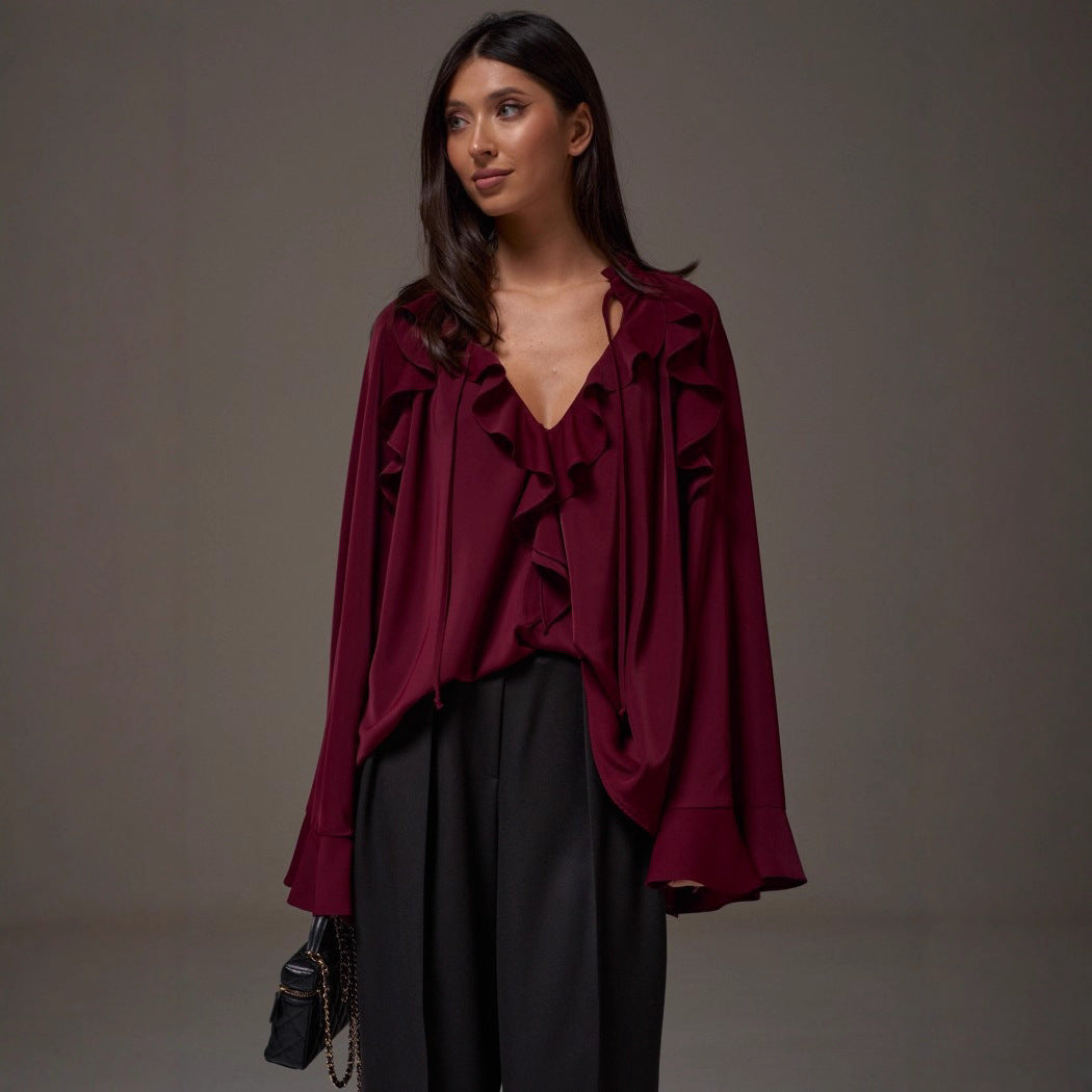 Dame Elegant Volang Topp med Flared Ermer Skjora