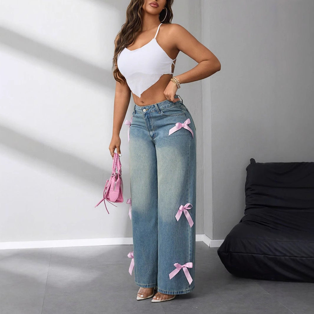 Kvinnes brede høytaljede jeans med dekorative sløyfeapplikasjoner Skjora
