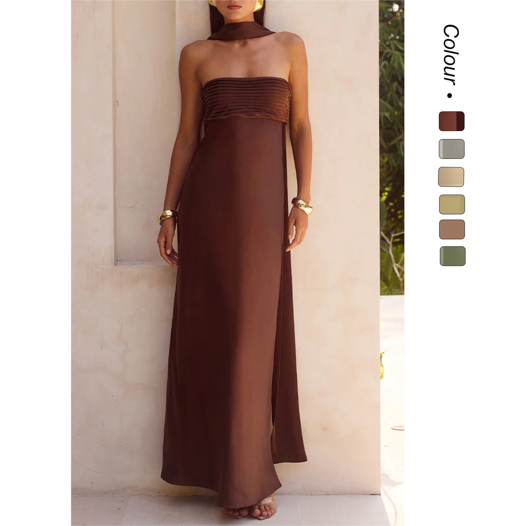 Kvinne Elegant Maxi Kjole med Avtagbar Skuldre Design og Slank Topp