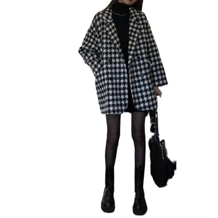 Dame Oversized Rutete Kåpe med Dobbel Knapplukking Skjora
