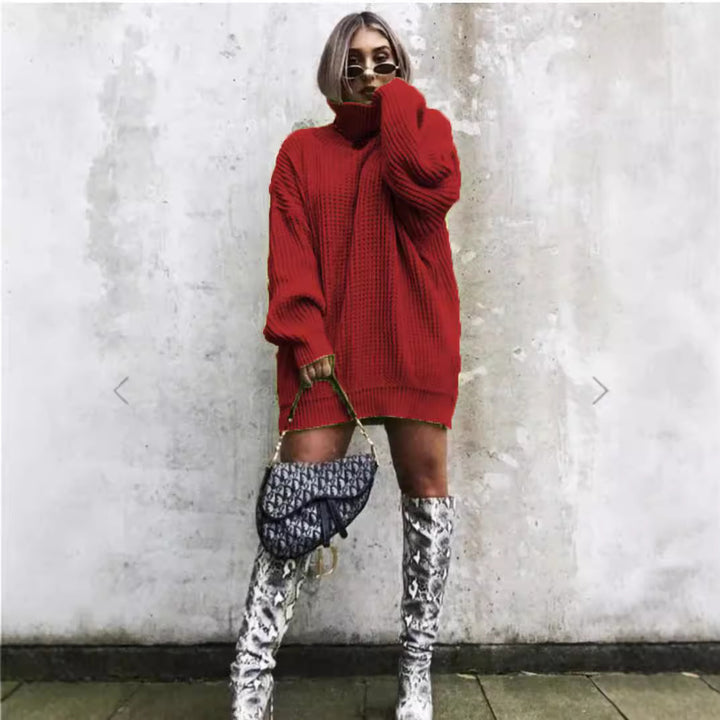 Dame chunky strikkegenser med høy krage og avslappet oversized passform Skjora