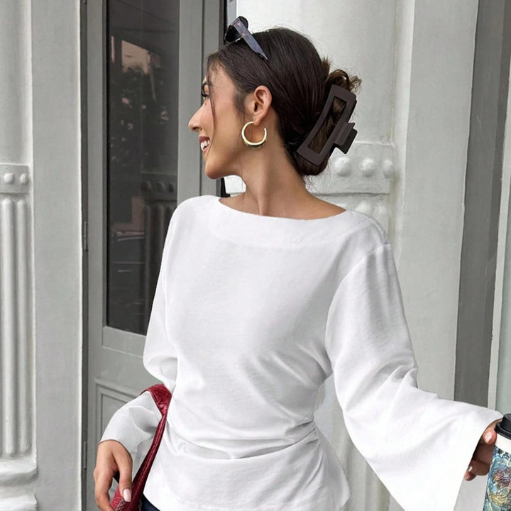 Dame elegant topp med vid erme og stilig bånd Skjora