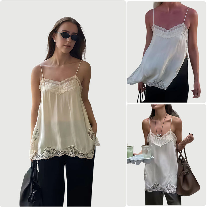 Damer elegant bluse med blonde og tynne stropper Skjora
