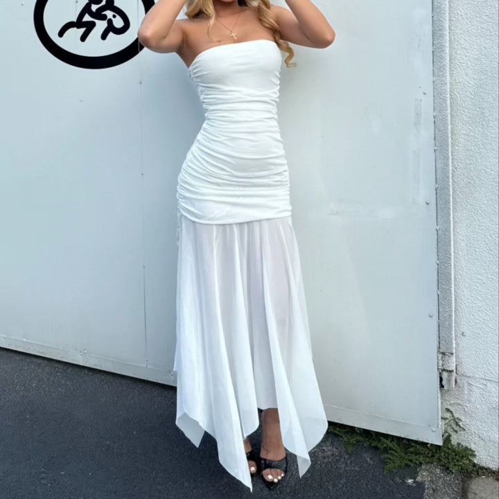 Dame Bandeau Maxikjole med elegant rynking og gjennomsiktig skjørt Skjora