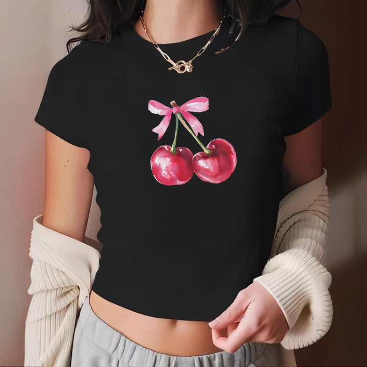Dame Crop-T-skjorte med glad kirsebærmotiv Skjora
