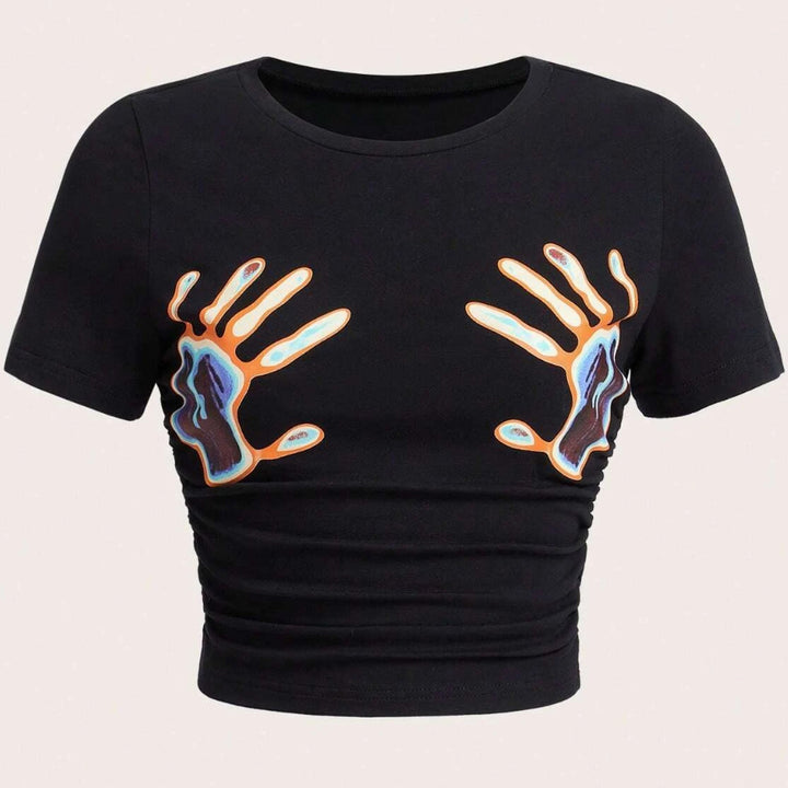 Damer cropped T-skjorte med glitrende skrifttype og trendy bomullsmateriale Skjora