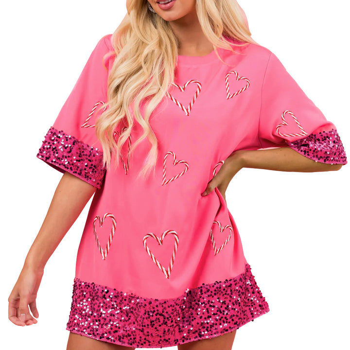 Dame Oversized T-skjorte med glitrende ermer og hjerte-mønster Skjora