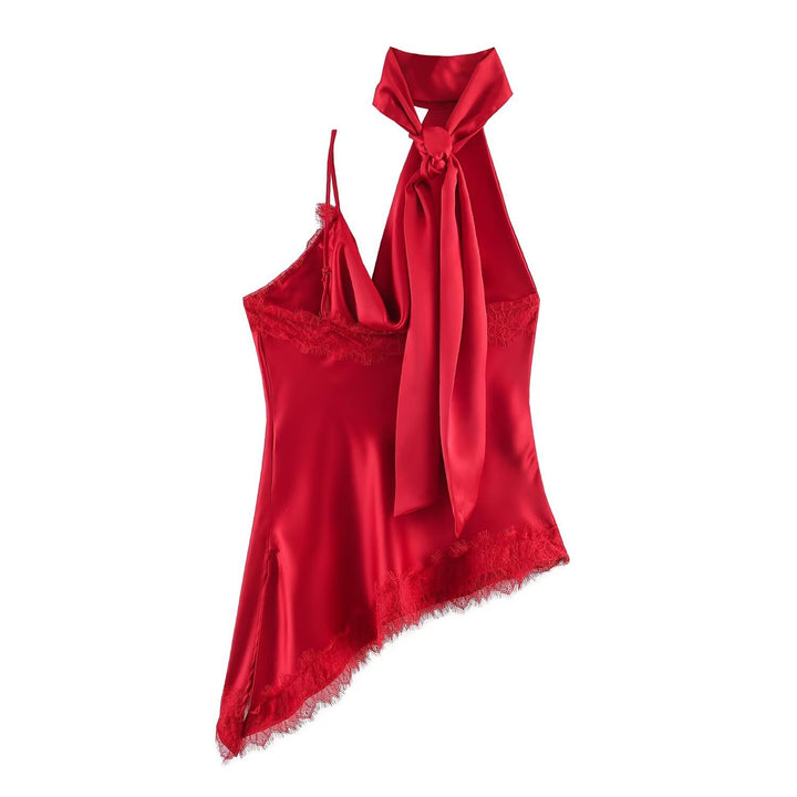 Damer elegant satintopp med asymmetrisk hem og spissdetaljer Skjora