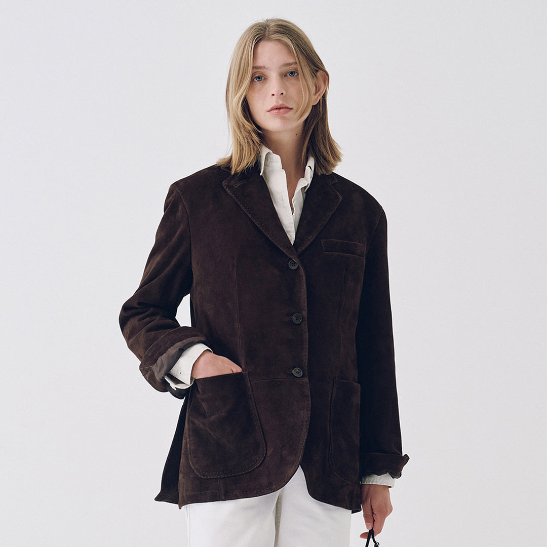 Dame Elegant Suede Blazer med Praktiske Lommer Skjora