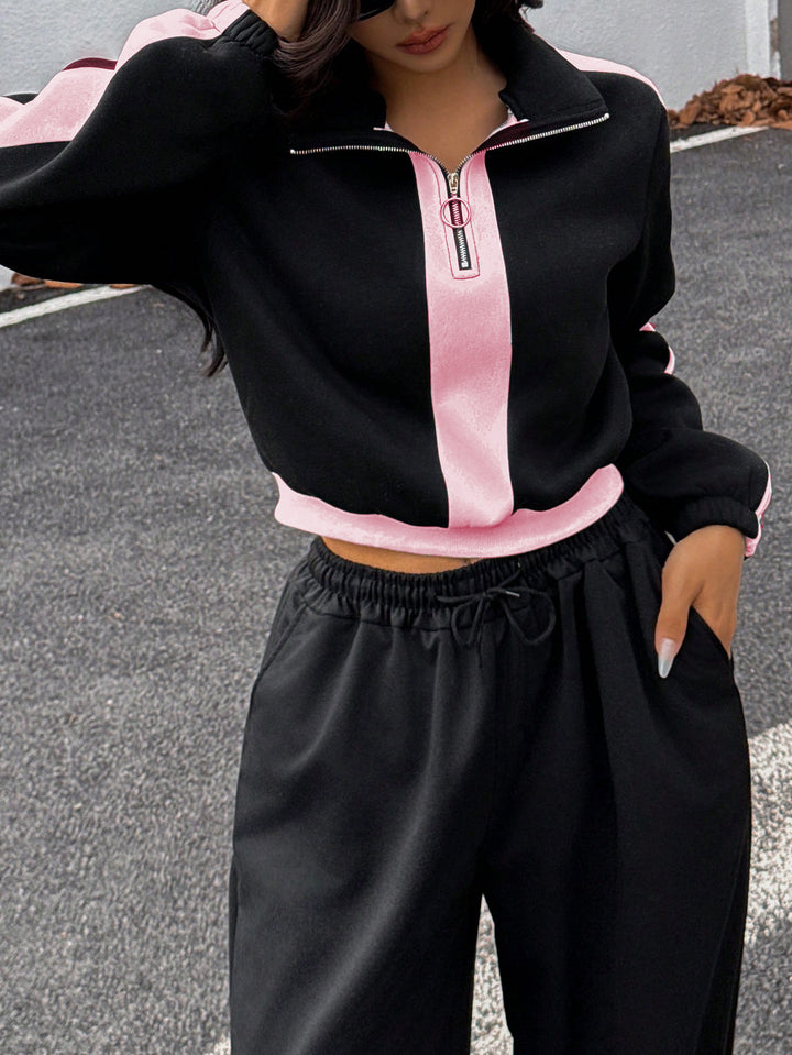 Dame sporty loungewear-set med halv glidelås og elegante kontraststriper Skjora