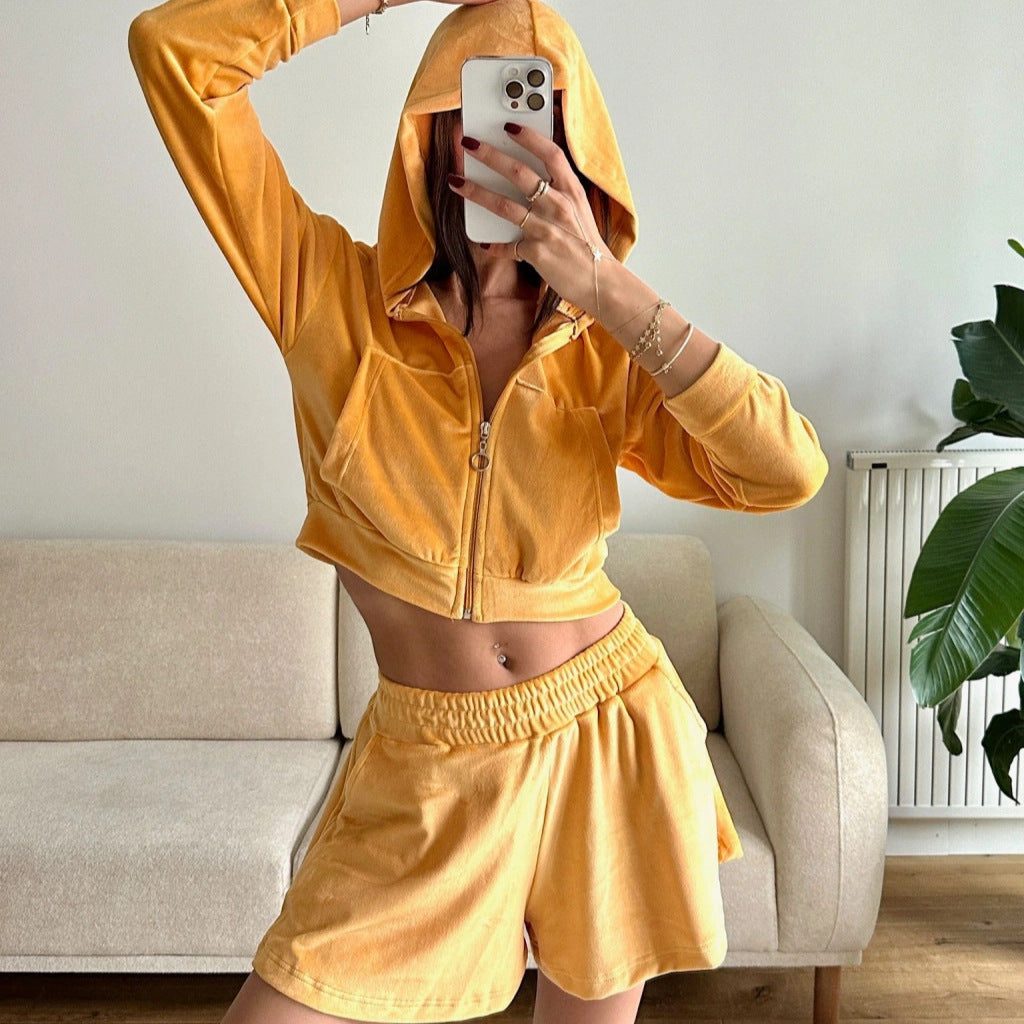 Kvinne sporty velour cropped sett med glidelås og elastisk midjebånd Skjora
