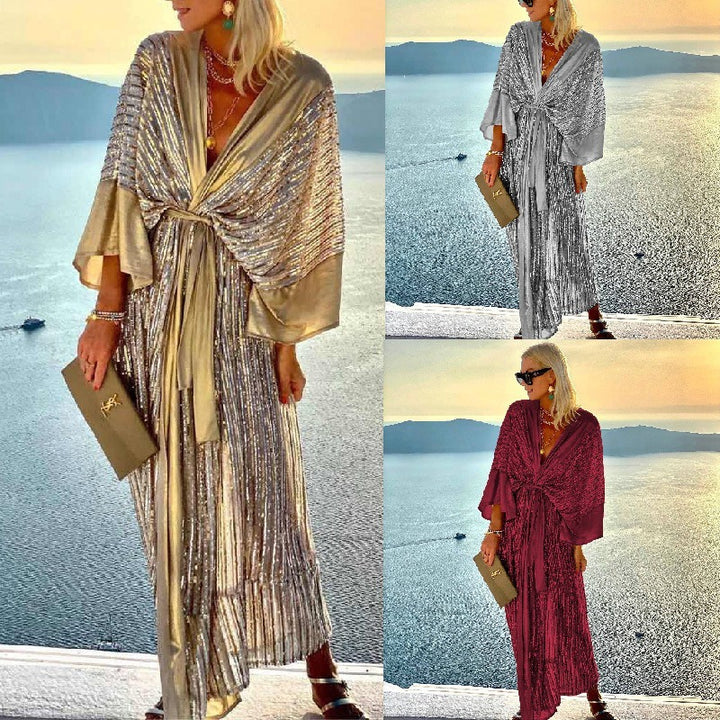 Kvinne Sparkling Maxi Kjole med Elegant Innpakning Design og Flytende Ermer Skjora